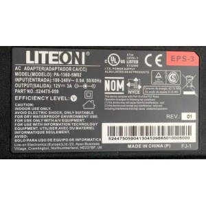 CARGADOR / ADAPTADOR DE FUENTE DE ALIMENTACION CA/CC  LITEON / NUMERO DE PARTE 524475-059 / ENTRADA VCA 100-240V~0.9A / 50/60HZ / SALIDA VCD 12V 3A / EPS-3 / MODELO PA-1360-5M02